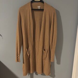 Tan Women's Sweater Cardigan with buttons on sleeves and pockets. Size 2/L